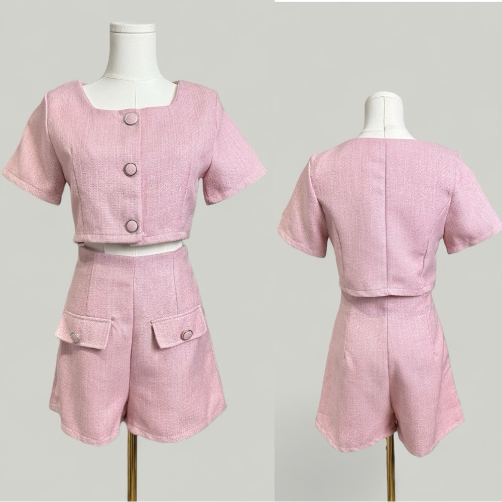 Tweed Top and Shorts Set Women Size Medium Pink Short Sleeves Highwaist Highrise